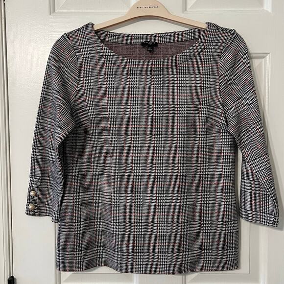 Talbots Plaid Pearl Button Cuff Houndstooth Plaid Top - Picture 2 of 7